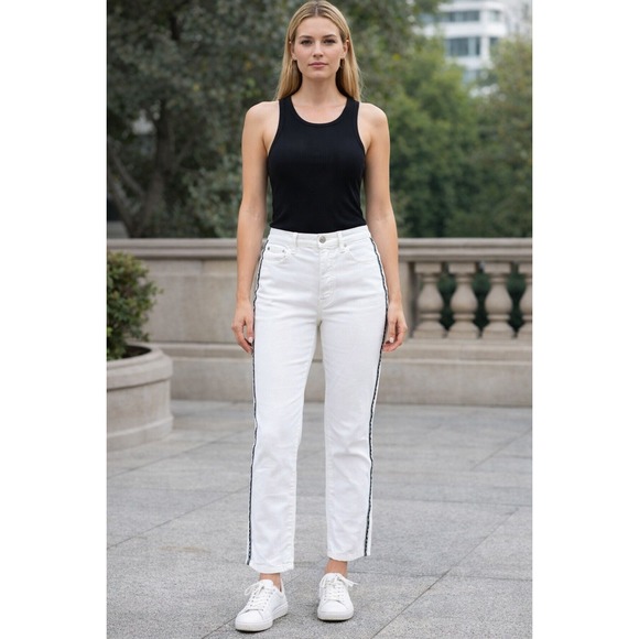 Talbots Denim - Talbots Flawless Women 12P Highwaist Straight Ankle White Black Trim Capri Pants